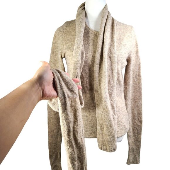 Ann Taylor LOFT Tan Beige Merino Wool Blend Attached Scarf Sweater Oversized - Picture 5 of 7